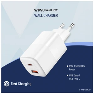 Wiwu Nano GaN 65W USB & USB-C White Wall Charger #Wi-U012