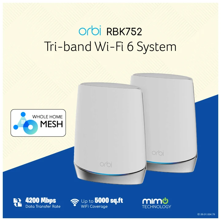 Netgear Orbi RBK752 AX4200 Mbps Gigabit Tri-band Wi-Fi 6 System (2-Pack)