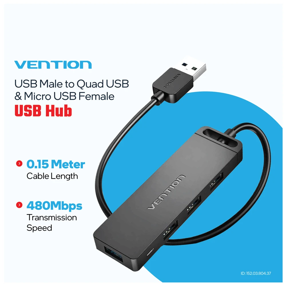 Vention USB Male to Quad USB & Micro USB Female, 015 Meter, Black HUB # CHMBB