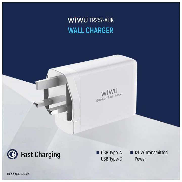 WiWU TR257-AUK 120W Mini GaN 4 Ports White Wall Charger (3xUSB-C & USB-A)
