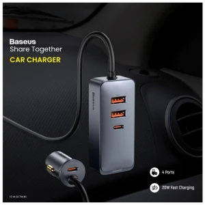 Baseus Share Together PPS Type-C & Tri USB 3A 20W Grey Car Charger #CCBT-B0G