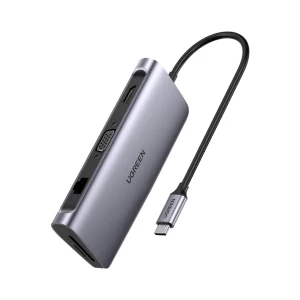 Ugreen Type-C Male to Tri USB 3.0, HDMI, VGA, SD, TF Card & LAN Female Gray Converter # 50538