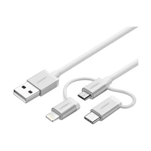 Ugreen USB Male to Micro USB, Lightning & Type-C, 1 Meter, Silver Data Cable # 50202