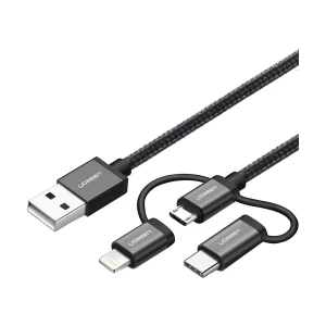 Ugreen 80326 USB Male to Micro USB Lightning & Type-C 1 Meter Black Data Cable # 80326