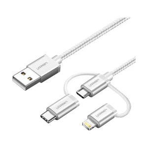 Ugreen 80825 USB Male to Micro USB, Lightning & Type-C, 1 Meter, Silver Charging & Data Cable # 80825